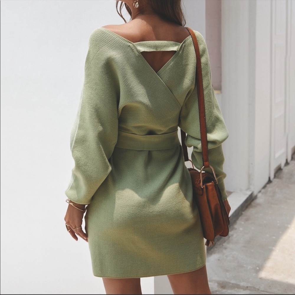 Classy Green Wrap Tie Waist Dolman Sweater Dress M - Picture 5 of 7